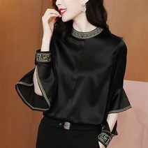 여성 기본셔츠 나비 소매 자수 새틴 우아한 블라우스 느슨한 대형 패션 빈티지 봄 새로운