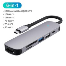 맥북젠더 RYRA-USB 3.1 c형 허브-멀티 스플리터 어댑터 4K 썬더볼트 3 USB c허브 TF SD 리더 슬롯 PD 포함, 03 6 IN 1