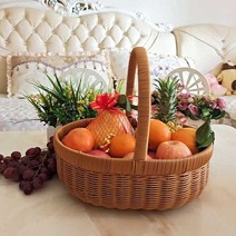 라탄 과일바구니 명절 과일 선물 사과 배 복숭아 상자, 소형 철제 손잡이 바구니 브라운