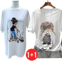 리더스타 K-2-090 여성티셔츠 미시 아줌마 큰사이즈 강아지+파마머리 2장 박시핏 반팔 티셔츠 반소매