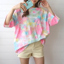 오브치치 빅사이즈 여성 오버핏 물나염 여성 그라데이션 여름 반팔 티셔츠 반팔티 물나염티