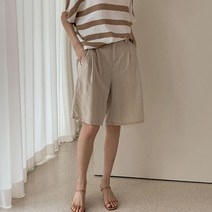 어반프랑 여성용 에트 버뮤다 린넨 핀턱 뒷밴딩 와이드 5부 슬랙스 반바지