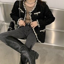 [창고대방출] 여자 자켓 헤더 꽈배기 배색 노카라 트위드 자켓