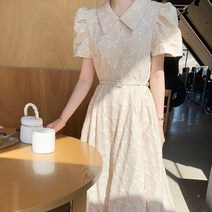 [랜덤플레이] 하객룩 리본패턴 퍼프 반팔 카라 롱원피스