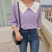로로텐 7부 배색 카라 블라우스 퍼프소매 빅사이즈
