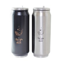 스트로우 빨대가 있어 편리한 스테인레스 보온보냉 캔모양 텀블러 420ml, 메탈실버