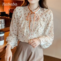 나바바 NB1283 여성 러블리 플라워 프릴 리본넥 블라우스