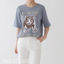코지23 / 여자 불독 프린팅 라운드넥 캐주얼 데일리 반팔티