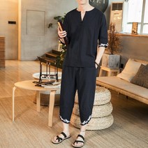 남자 여름 브이넥 반팔 복고 퓨전 절복 개량 생활 한복 바지 세트 투피스 한벌