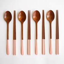 트래블앤쿡 수제 천연 옻칠 우드 숟가락 젓가락 4인 수저세트, 파스텔 핑크 4인세트