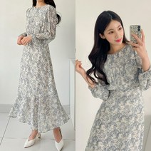 퍼니걸스 9941 라운드 쉬폰 플라워 리본 핀턱 롱 여성 원피스 여성의류