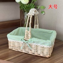 우드 도트 피크닉 물과일 꽃바구니 등나무라탄 전원 수납바구니 카메라 2897502263, 원목 색 그린 칸 천 큰사이즈