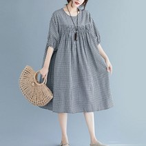린넨 원피스 마 빅사이즈 롱 리넨 여성용 오버사이즈 체크 무늬 빈티지 코튼 드레스 캐주얼 미디 여름