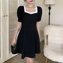 POMTOR 리본 스몰 블랙 스커트녀 여름 통통mm 날씬해 보이는 프렌치 원피스