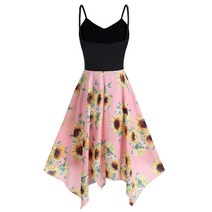 브랜드없음 해바라기 인쇄 비대칭 Camis V Neck 패치 워크 드레스