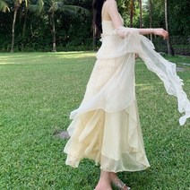 휴양지원피스 Cupnice 여름 한국 패션 쉬폰 비치 홀리데이 스타일 나무 큰 태교여행