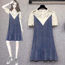 실사 여름옷 한국판 빅사이즈 통통mm 레이스 패치 슬림 데님 원피스
