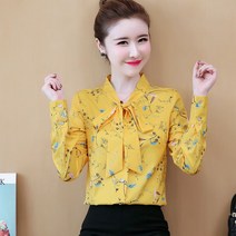 포린박스 꽃무늬 슬림 긴소매 리본 쉬폰 블라우스 SH