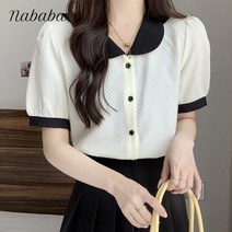 나바바 NB824 여성 러블리 플라워버튼 카라 반팔 블라우스