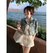 레트로 카라넥 크롭 청자켓 퍼트리밍 싱글 탑