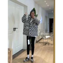 바둑판 체크 후드 패딩 코트 흑백체크 다운점퍼