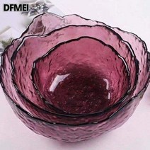DFMEI 샐러드볼 언밸런스 투명 유리볼 거실 과일볼 내열 과일접시 무침, 자주색, 쓰리피스[대+중+소] 6포크 증정
