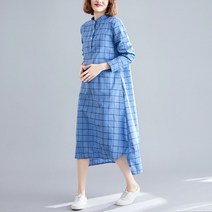 이너웨어 원피스 여성 차이나카라셔츠 체크 긴 소매 빅사이즈 오버핏 미디 롱 A라인 캐쥬얼 면린넨 가을 2578757167