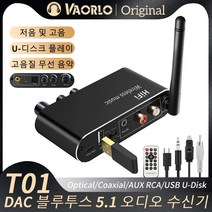 VAORLO 블루투스 5.1 오디오 수신기 DAC 디지털-아날로그 변환기 U 디스크 재생 3.5MM AUX RCA 광 동축 Hifi 스테레오 무선 어댑터 (원격 제어 포함), T01