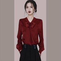 리본셔츠 고퀄리티 새틴 직업 디자인감각 겨울 가을 보이핏 볼륨 시크 여성의류 반팔셔츠 상의 3400839973