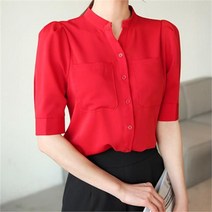 시크라인 투포켓 차이나 퍼프 반소매 블라우스