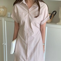 나일론 셔츠 A라인 허리 셔링 롱 원피스