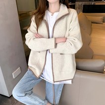 두툼 가디건 두툼한 겨울 여성 여자 루즈켓 화이트 브라운 조화 스웨터 도톰 끈 지퍼 블루 그린