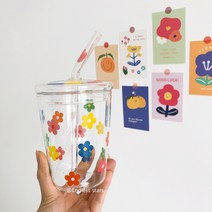 유리빨대컵 텀블러 커피컵 카페보틀 유리병 빨대컵 빨대텀블러 머그컵 사무실 자취방 인테리어 선물용 티머그컵 주스컵 콜드컵, 플라워 유리 빨대컵