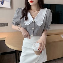 귀여운 러블리블라우스 빅카라 프릴 체크 블라우스
