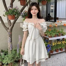 프릴 프렌치 드레스 슬림 여성 슬리브 스위트 스퀘어 넥