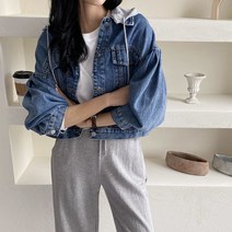 나니까 탈부착 데님 후드 청자켓 여성 퍼프소매 크롭 숏
