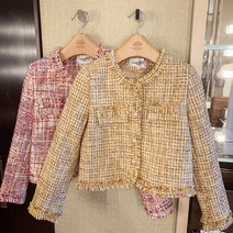 하객룩 JSXDHK-세련된 트위드 술 라운드 칼라 모직 체크 무늬 핑크 프린지 재킷 여성용 긴 소매 짧은 코트