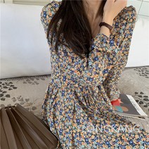 LONGKANG 키 작은 잔꽃 원피스 슬림 스커트 오버핏 긴팔 우아 여자 플라워