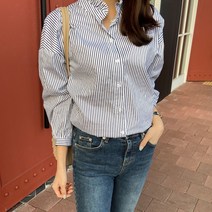 스타일대박 여자 빅사이즈 프릴넥 스트라이프 셔츠 남방