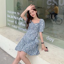 하늘색원피스 허리 트임 퍼프슬리브 패턴 여름원피스