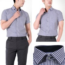 럭스타이 반팔 슬림 와이셔츠 D6214 (네이비 스트라이프 버튼다운)