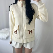 여자 수입 의류 H 소가죽 버클 포켓 카라 긴팔 니트 집업 가디건