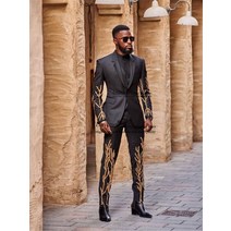 정장 남성 고급 수트 럭셔리 골드 비즈 슬림핏 노치 라펠 웨딩 원 버튼 3 피스 블레이저