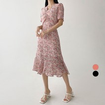 (무배)화사한 브이넥 셔링 플라워 쉬폰 롱 원피스