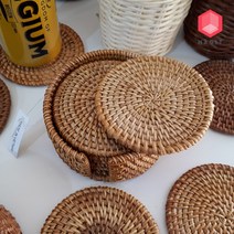 코팅 라탄 컵받침 티코스터 우드 나무 코스터 컵받침대 10cm, 세트(컵받침6개+홀더1개)+감성포스트잇