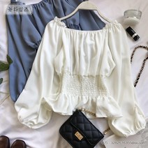 벌룬 퍼프소매 허리밴딩 셔링 오프숄더 쉬폰 블라우스 여리여리 청순 청바지 공주 블라우스