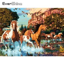 보석 구슬 십자수 전체 광장 자수 말 그림 호수 모조 모자이크 동물 홈 장식, 원형 드릴 70x50cm
