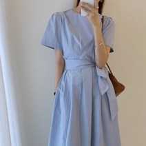 바닷가 바다룩 휴양지 하객룩 반팔 라운드넥 소라색 샤랄라 러블리 여행 허리끈 원피스