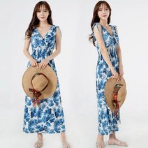 [ Top 100] 여성 여름 여행패션 플라워패턴 실키 롱나시 원피스