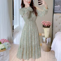 넷투넷코리아 여성 롱 리본 원피스 플라워패턴 캐주얼 쉬폰 하객룩